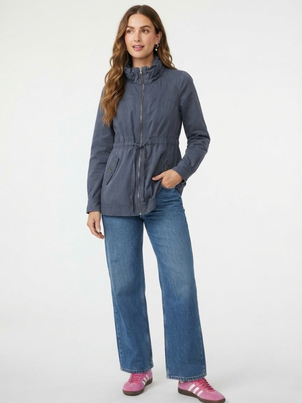 Black Rainn Lightweight Utility Jacket Blue Gray Ruffled Collar Size S